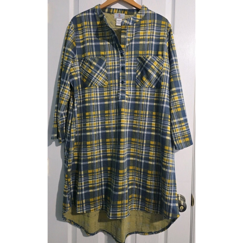 Oso Casual Yellow Blue Plaid Flannel Shirt Dress Sz 1X